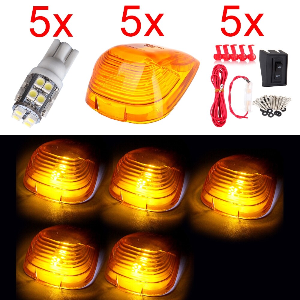 5X Amber Roof Cab Marker Light with White LED Bulb & Wiring Kit for Truck Trailer