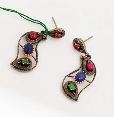 Real Sapphire Ruby Emerald Gemstone 925 Sterling Silver Pave Diamond Earring - Image 1 of 4