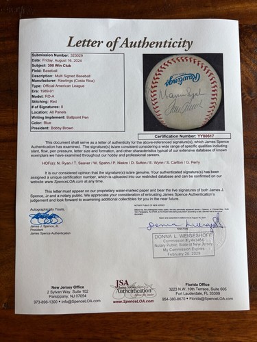 300 Win Club Ryan Seaver Carlton signed OAL (Brown) Ball JSA COA LOA 8 autos - Picture 12 of 12