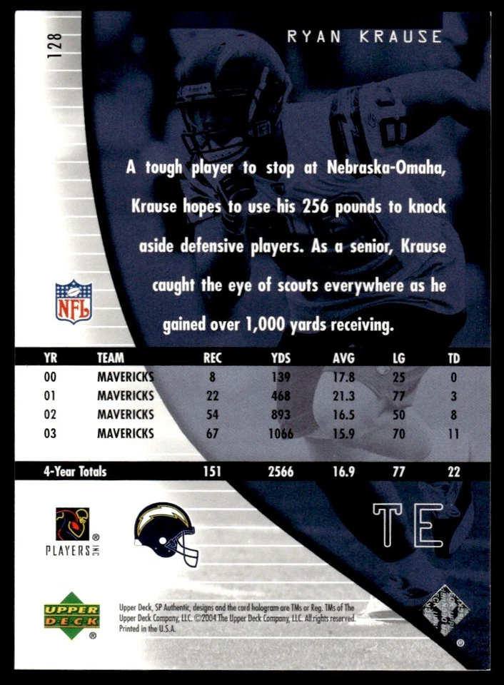 2004 SP Authentic Ryan Krause Rookie 0360/1199 San Diego Chargers #128 R40 - Image 2 of 2