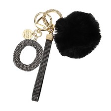 Initial Letter O Keychain with Pom and Rhinestone Wristlet, Grey