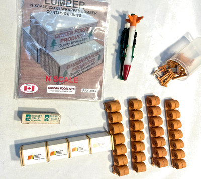 N scale More loads of loads, wrapped lumber, coiled steel, pallet spacers+Rocket