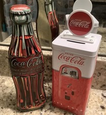 2 Vintage Coca Cola Tins: Vending Style Coin Bank  + 1923 Bottle Case/box 2003