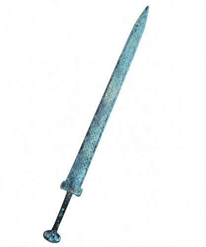 Ancient Chinese Bronze Sword Jian Han Style Engraved Lattice Green Patina Art