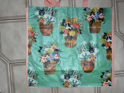 Marshall   Reusable Green Pink Bag - Cat In Flower Pot Design For Cat Lover