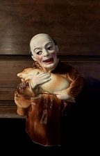 RARE Antique Hand Painted Monk Holding Pig Majolica Pottery Tobacco Jar Humidor