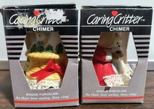 Caring Critter Chimers Christmas Ornament Jasco Porcelain Bisque Lot of 2 