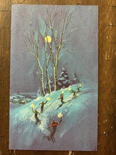 VTG Mid-Century Norcross Christmas Card Midnight Skiiers Torchlight Moonlight