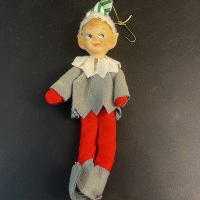 Vtg Pixie Elf Knee Hugger Christmas Ornaments Japan Gray Green Stripe Hat 8''