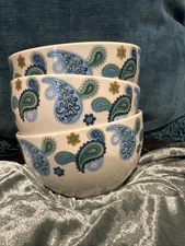 Royal Norfolk Stoneware BLUE PAISLEY Cereal Soup Bowls 5" Set of 3 Gold Green