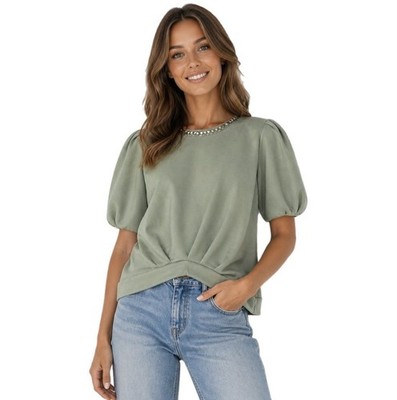 NWT M Cupio Blush Sage Green Puff Short Sleeve Women s Top Shirt Blouse Formal