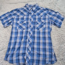Vintage Wrangler Shirt Mens M Blue Plaid Western Rancher Chore Pearl Snap