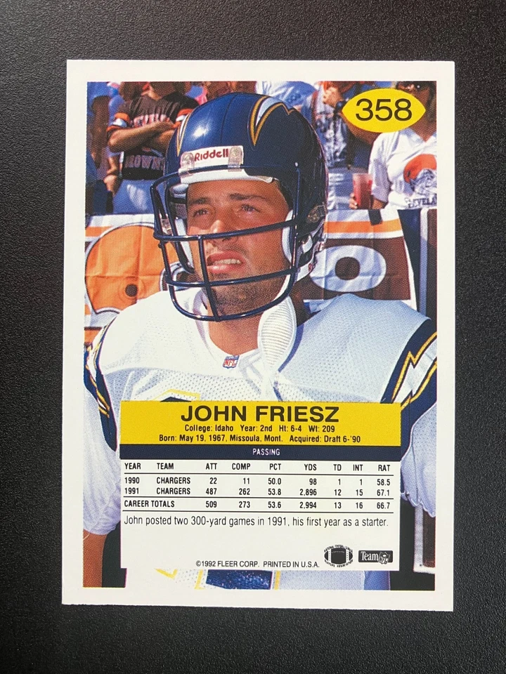 John Friesz 1992 Fleer Chargers In Person IP TTM Signed Auto Autograph - Image 2 of 3