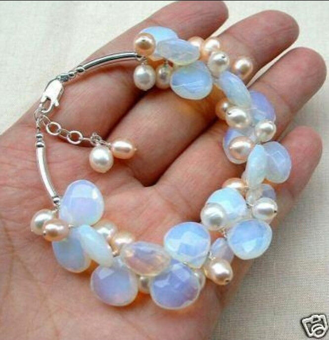 Blue Fire Opal and Fresh Water Pearl Cluster Bracele 7.5 inches