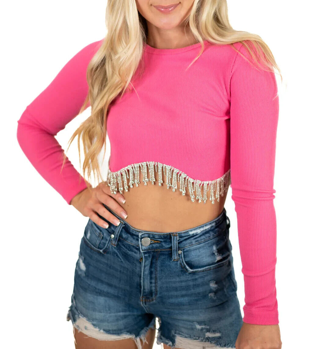 Sincerely Jules Crop Top S Neon Pink Long Sleeved Rhinestones New **CLEARANCE**