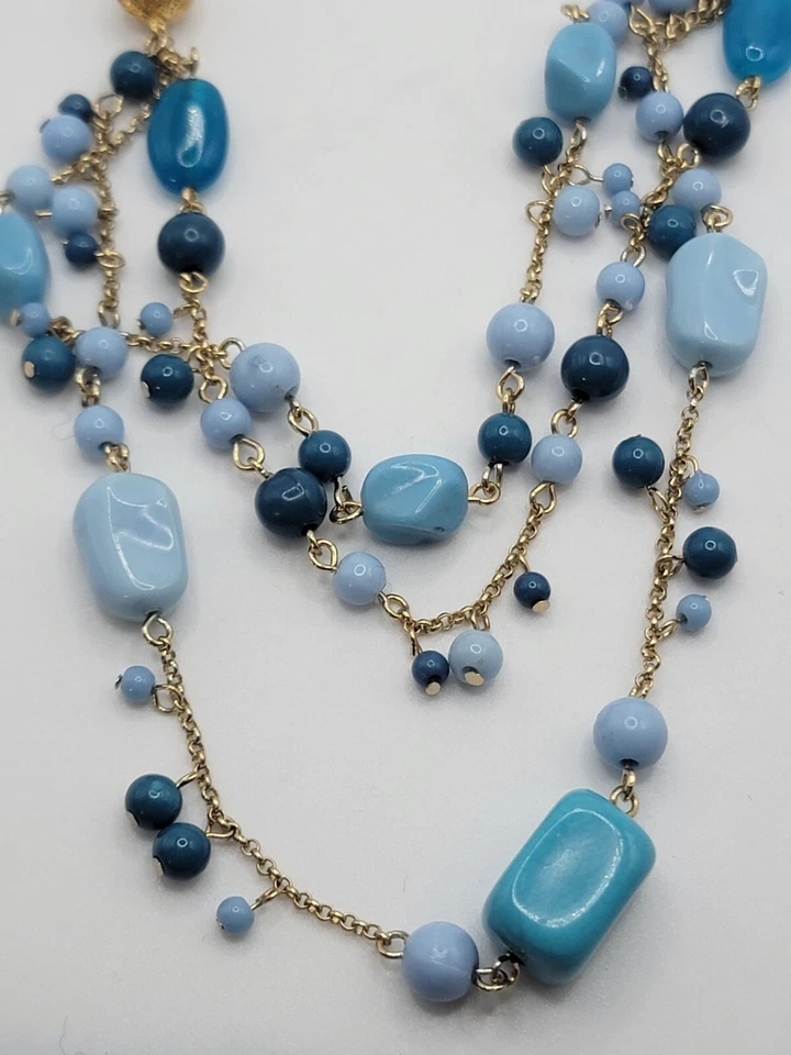 AVON Silver Plated Gold Toned Multistrand Layered Blue Beaded Choker Necklace — 第 2/4 张图片