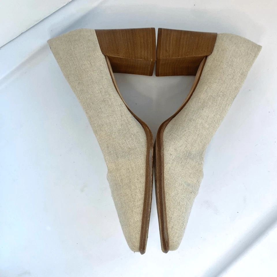 Zapatos de salón Nine West beige tostado lino como tela punta cuadrada madera bloque tacón mujer Foto 4 de 4