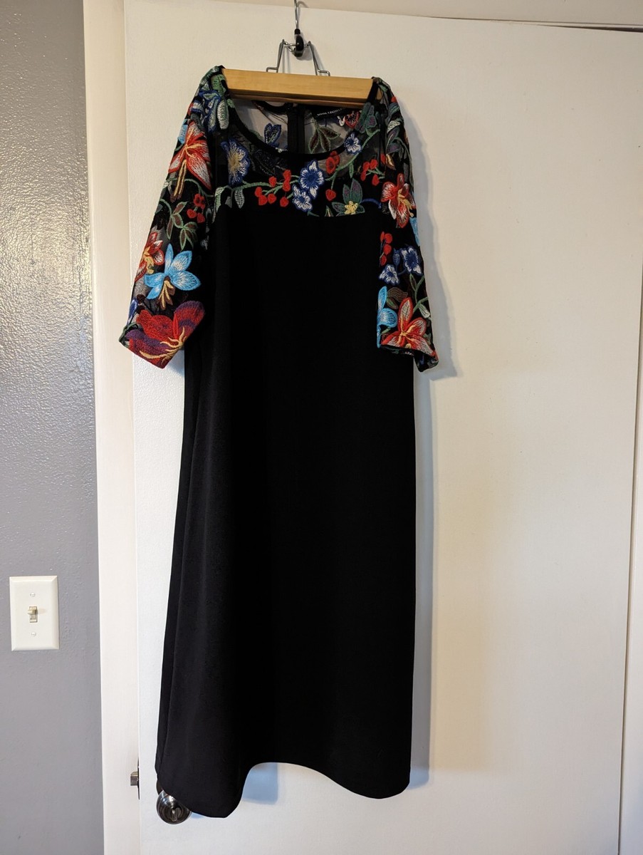 NEW Nina Leonard Women's Floral Embroidered Mesh-Yoke Sheath Dress Size L  Black
