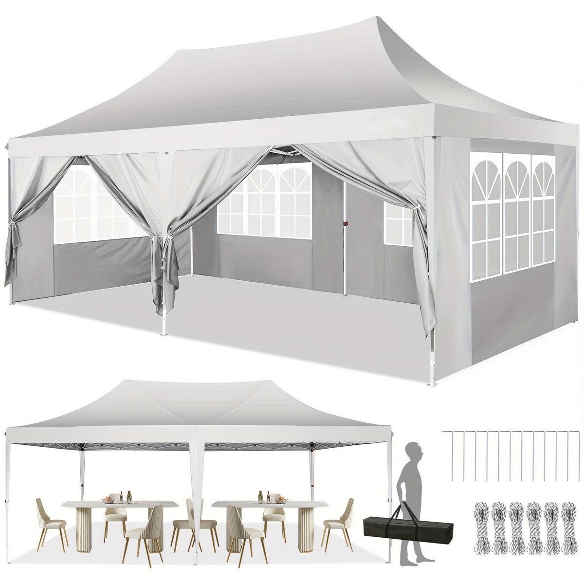 10x20 Pop Up Canopy, Outdoor Canopy Tent Heavy Duty with 6 Sidewalls and 4 Sandbags, Waterproof & UV50+, 3 Height Adjustable Party Tent with Roller Bag for Wedding, Event & Backyard (Beige
