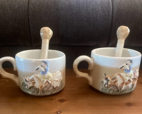 Set of Stoneware Art Pottery Mugs 3D Boy on Cow with Stirrer 2.5" by 3"