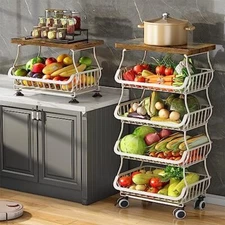 Fruit Basket for Kitchen with Wood Top 5 Tier,Stackable Fruit and Vegetable 