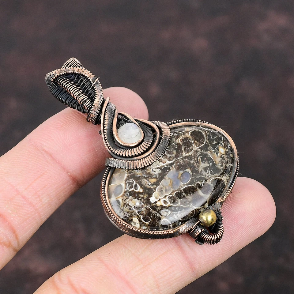Regalo Para Ella Cobre Turritella Ágata Piedras Preciosas Joyería Alambre Envuelto Colgante 2.36" Foto 2 de 4