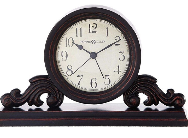 Howard Miller Bishop Mantel Clock Alarm Wood Scroll Base Shelf Tabletop Clock