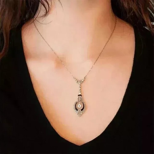 Art Deco Style Round Cut Lab Created Diamond Sapphire 14K White Gold FN Pendant - Picture 3 of 6