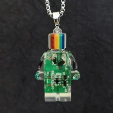 Upcycle Electronic Waste Resin Minifigure Robot Pendant Necklace Green Fun Gift