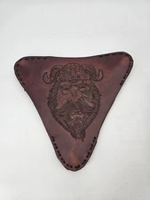 VTG Hand Made/Tooled Embossed Leather Tripod Saddle Viking Head Stool Cover Seat