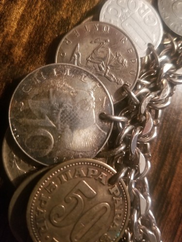 Vintage N. S. Snap Sterling Silver Double Cable Link Coin Charm Bracelet - Picture 3 of 23