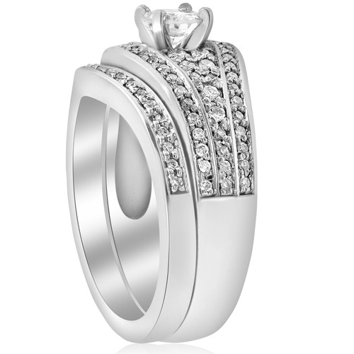 1/10ct Diamond Pave Wide Engagement Wedding Ring Set 14K White Gold - Picture 2 of 4