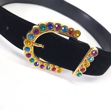 Rhinestone Buckle Belt 26 S Bling Velour Black Vtg