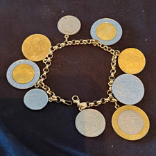 14K Yellow Gold Coin Charm Bracelet Rolo Chain Lobster Clasp Signed