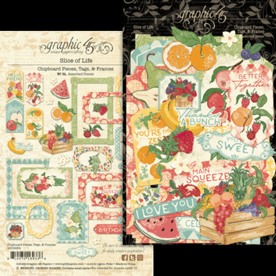 GRAPHIC 45 ''SLICE OF LIFE'' 34 CHIPBOARD PIECES  FRUITS FRAMES SCRAPJACK'S PLACE