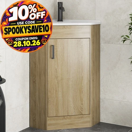 Bathroom Single Door Corner Vanity Unit Basin 1 Tap Hole Freestanding 585mm Oak