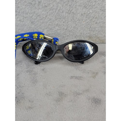 Small Pet Sunglasses Black Mirrored Lens Blue Paw Print Adjustable Strap Goggles