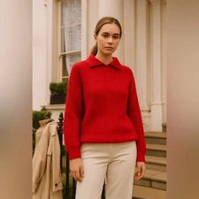 Vintage Handloomed Ireland Mohair Wool Sweater Red Chunky Knit Collared Pullover