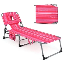 Goplus Outdoor Beach Lounge Chair Folding Chaise Lounge with Pillow Hot Pink