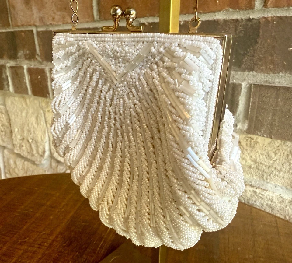 Vintage Beaded Shell Clam Shaped Clutch Purse White Gold Satin Lining - Image 2 of 4