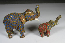 Lot 2 Vintag Tibet or Nepal Elephant Brass Lapis Coral Inlaid Filigree Figurine