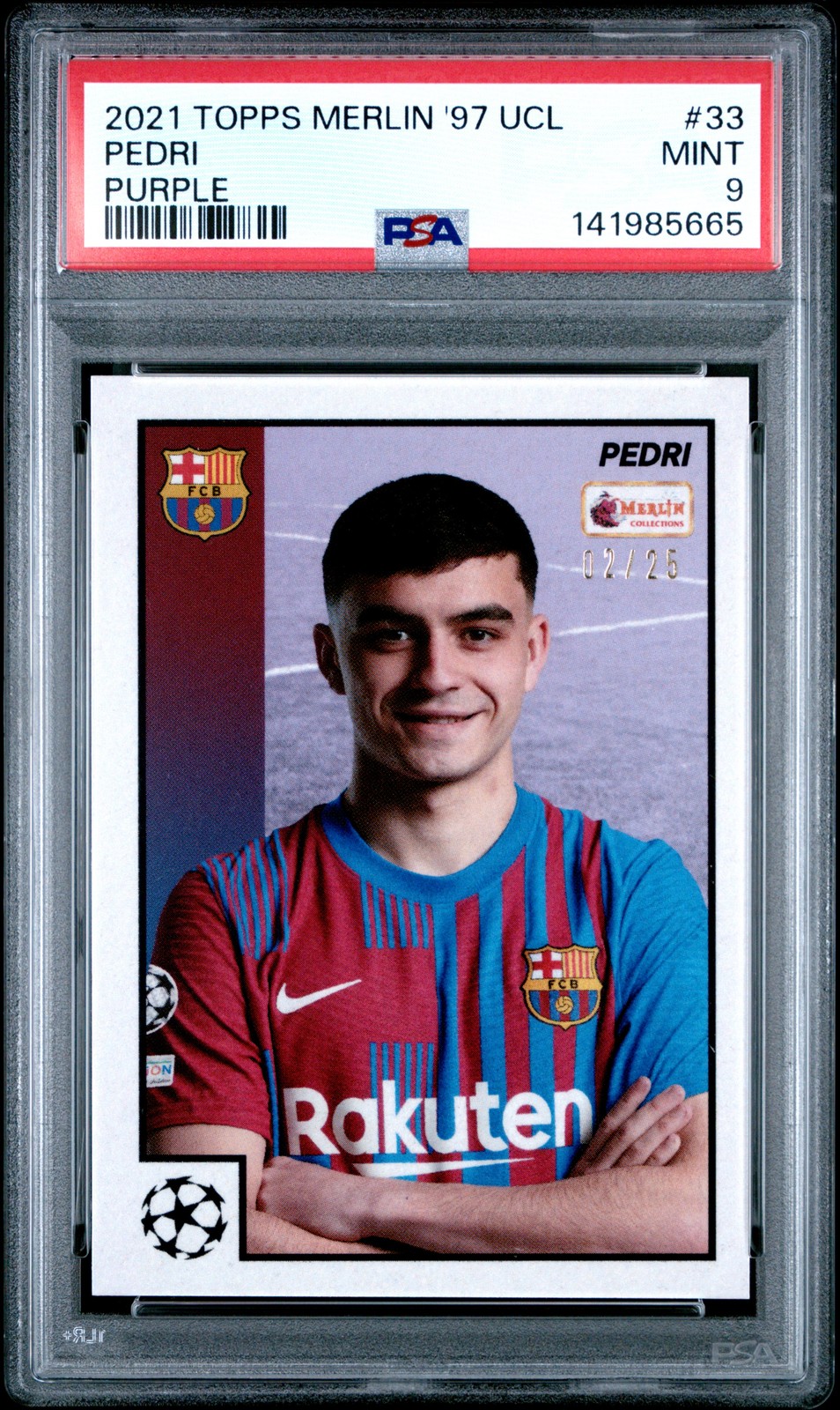 2021-2022 TOPPS MERLIN HERITAGE '97 CHAMPIONS LEAGUE PURPLE #33 PEDRI 2/25 PSA 9