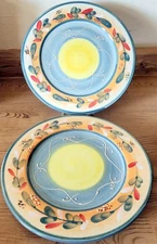 2 Gibson Elite Madrigal Dinner Plate 10 3/4" Yellow Center Teal Set SEE DESC.