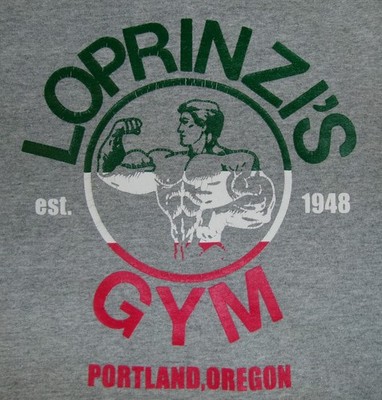 LOPRINZI'S GYM HOODIE T SHIRT SzL EST. 1948 PORTLAND OREGON MUSCLE MAN ITALIAN
