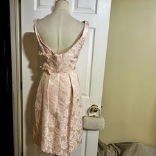 Vtg 1960s Wms Blush Pink Damask Boatneck Pleated Wrap Bow Tea Midi Dress ILGU S