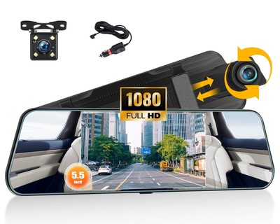 Mirror Dash Cam 5.5 Inch Rear View Mirror 1080P Front and Rear View Dual Came...