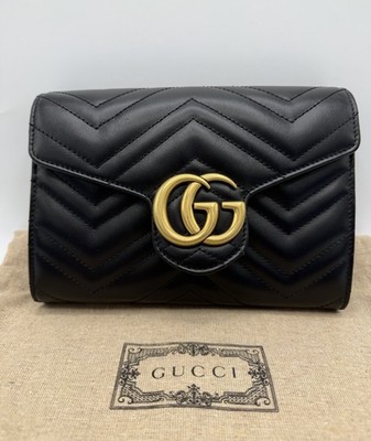 GUCCI GG Marmont Chain Shoulder Wallet Bag 474575 Black Leather