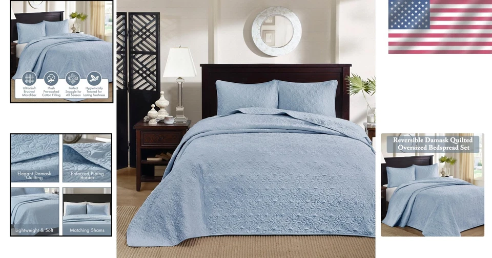 Elegant Quebec Reversible Quilt Set for Queen Beds - Damask Design in Blue - Image 2 of 4