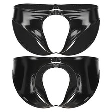 Mens Wet Look Patent Leather Thong Low Waist Open Butt Brief Cutout Underwear