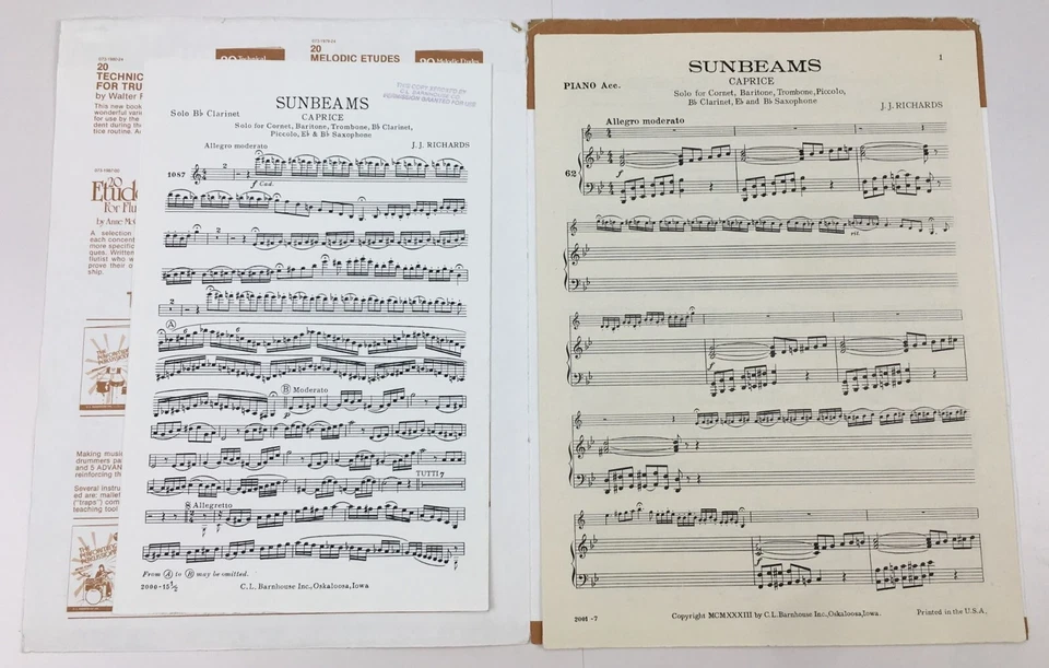 Sunbeams Clarinet Piano Duet Sheet Music JJ Richards Published By CL Barnhouse - Image 2 of 4